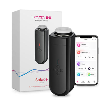 Lovense Solace Thrusting Masturbator with app-controlled features and box.