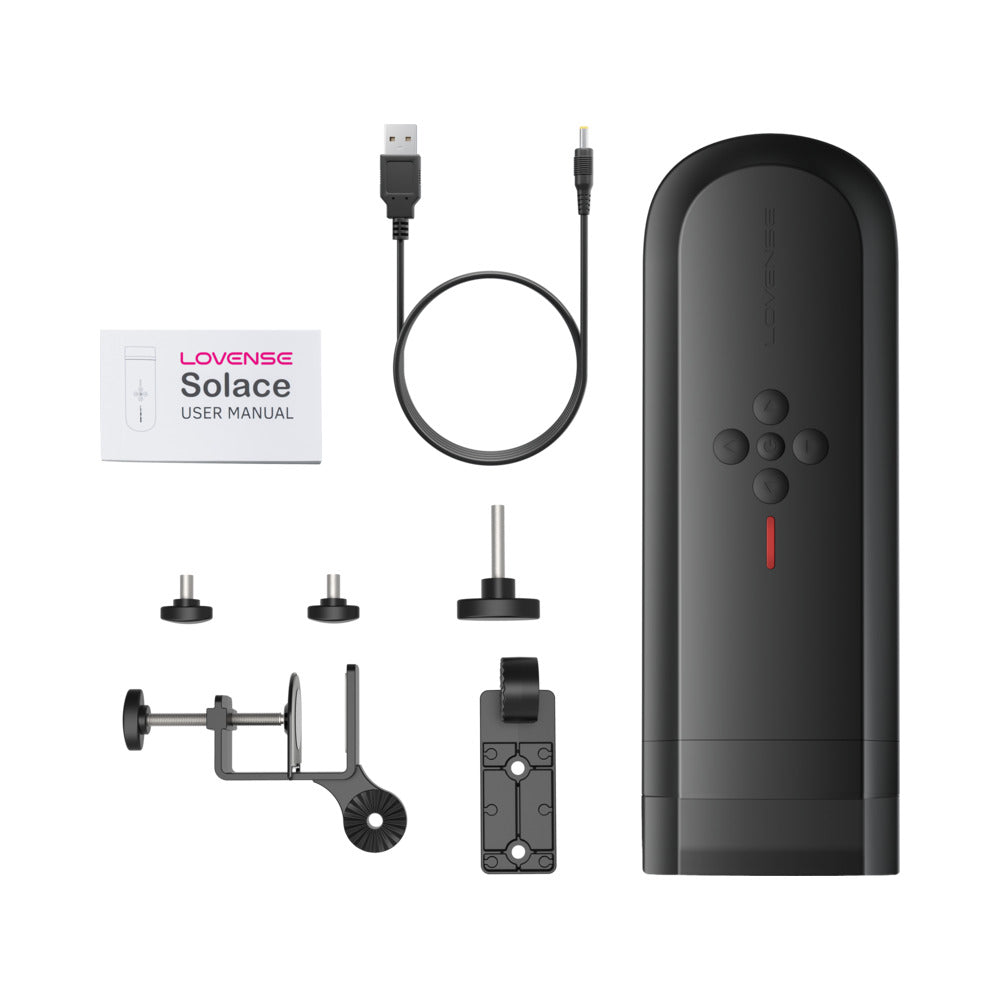 Lovense Solace Thrusting Masturbator components including USB cable, user manual, and attachment parts.