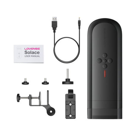 Lovense Solace Thrusting Masturbator components including USB cable, user manual, and attachment parts.