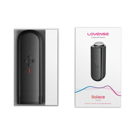 Lovense Solace Thrusting Masturbator in packaging showcasing its sleek design and app-controlled features.