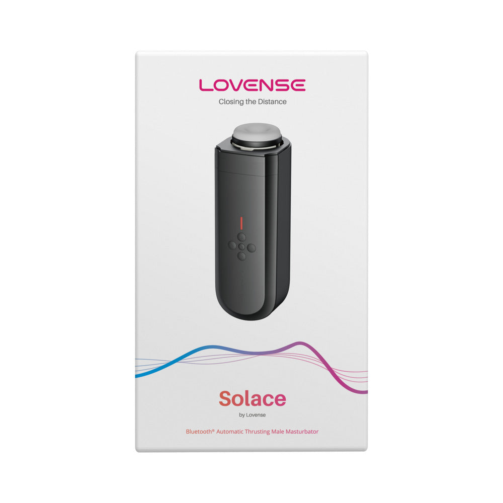 Lovense Solace Thrusting Masturbator packaging showcasing interactive app-controlled features.