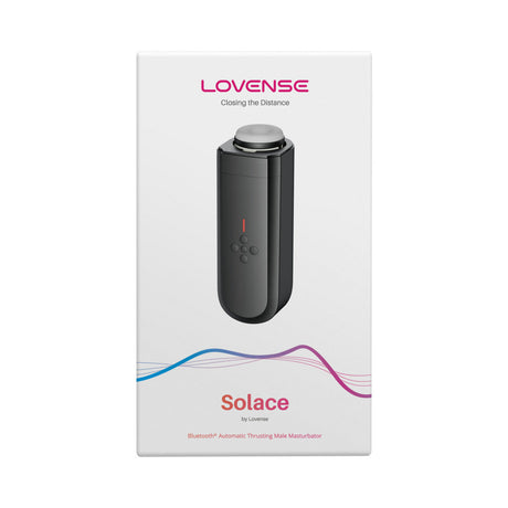 Lovense Solace Thrusting Masturbator packaging showcasing interactive app-controlled features.