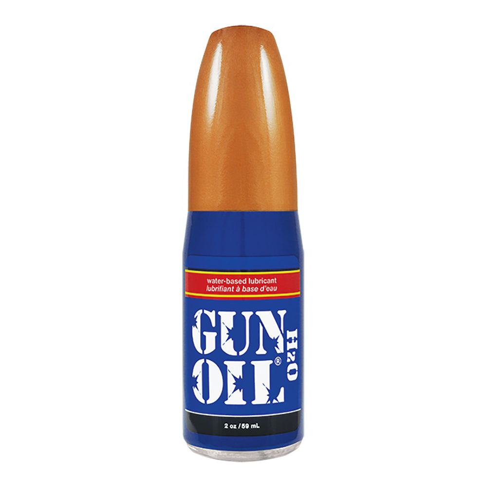 Gun Oil H2o Water-based Lubricant 2 Oz bottle with a brown cap and blue label, featuring aloe vera.