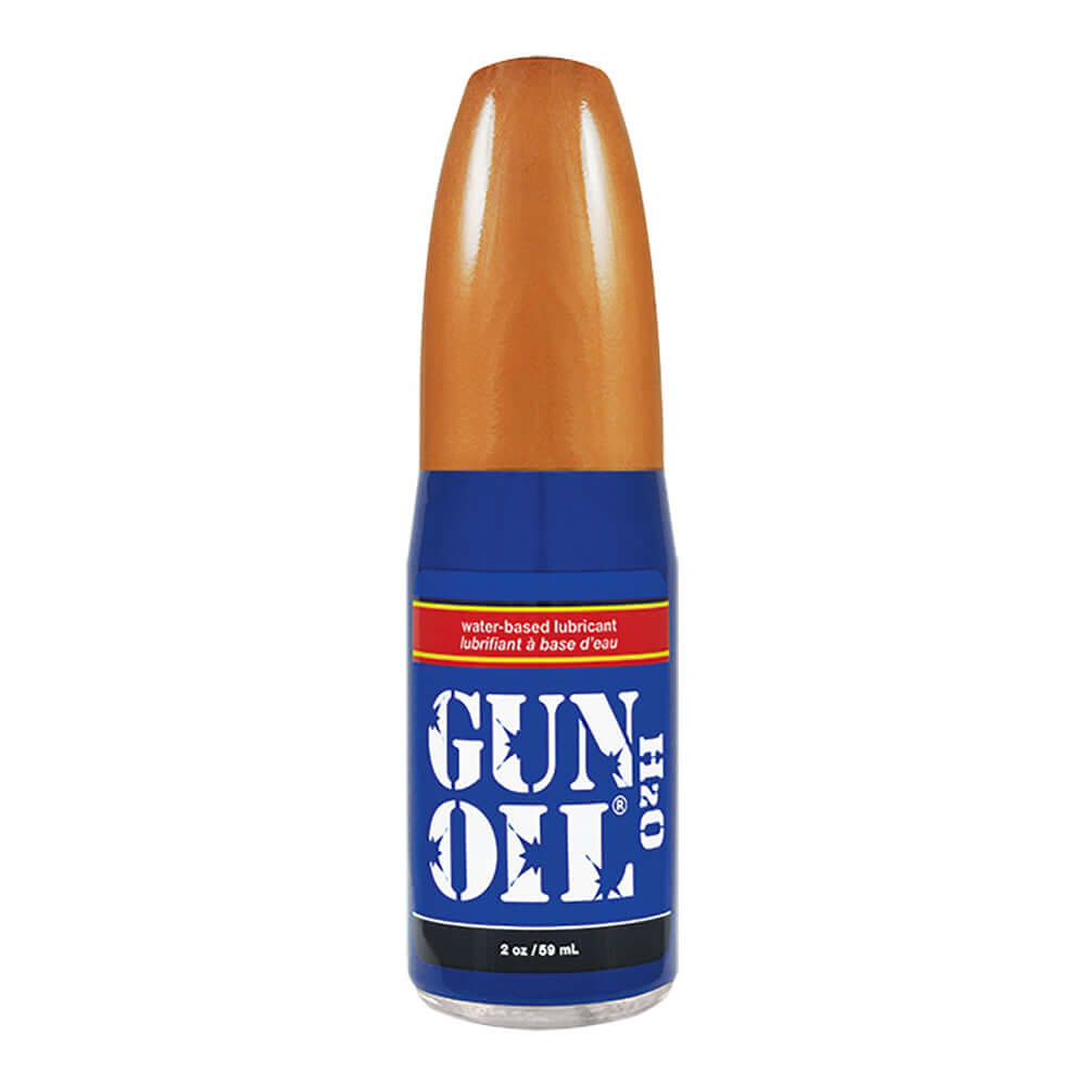 Gun Oil H2o Water-based Lubricant 2 Oz bottle with a brown cap and blue label, featuring aloe vera.