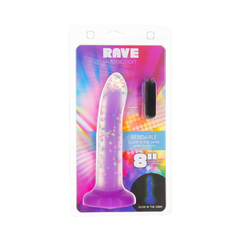 Addiction Rave 8 inch Glow-in-the-dark Dildo Purple Confetti packaging with vibrant colors and bendable design.