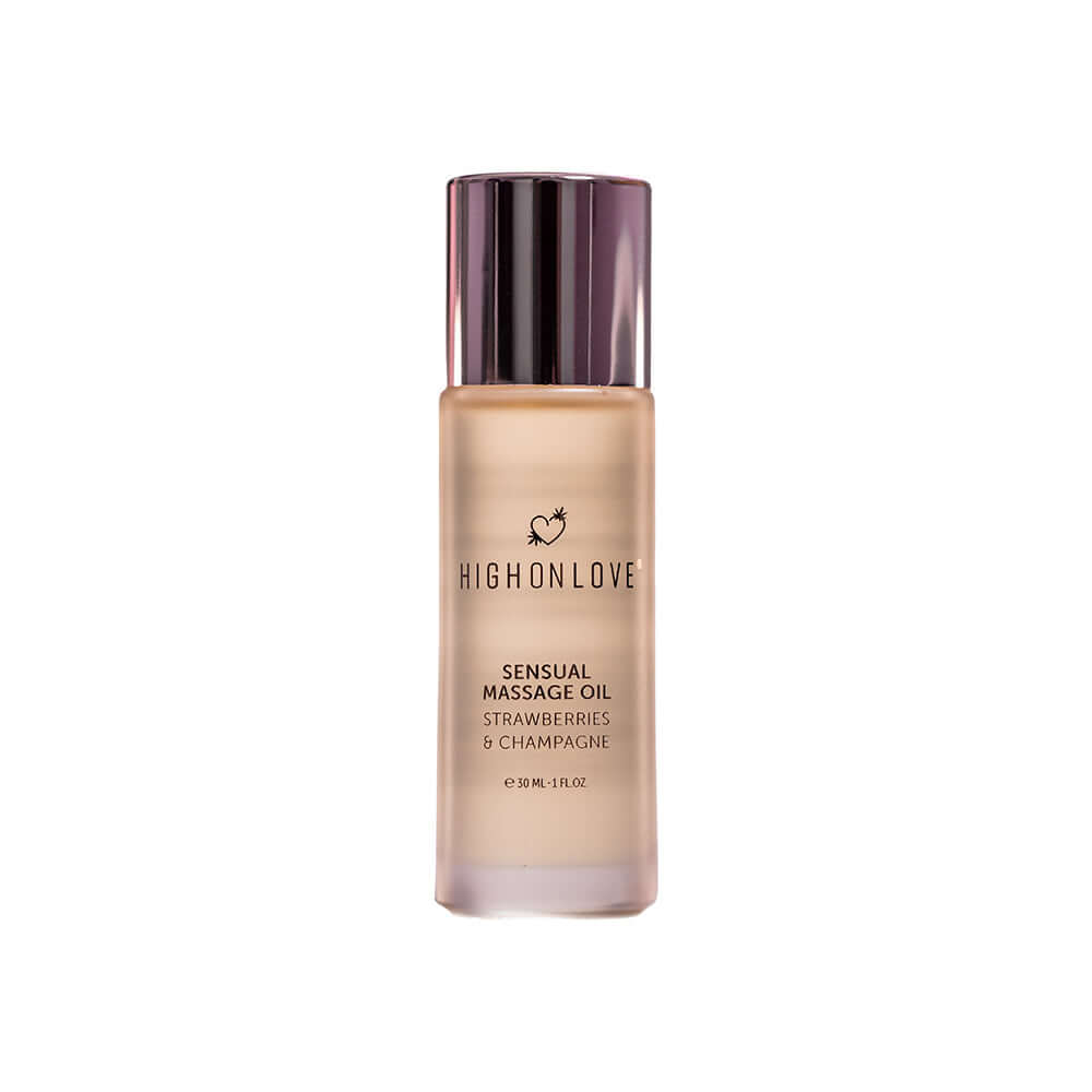 HighOnLove Mini Massage Oil Strawberries & Champagne 1 Oz in a glass bottle for luxurious skin nourishment.