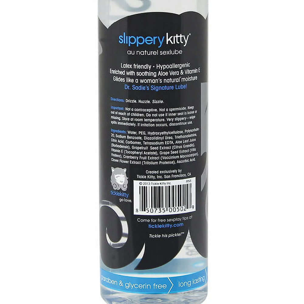 Slippery Kitty Water Based Lubricant 8 Oz bottle with ingredients and usage instructions
