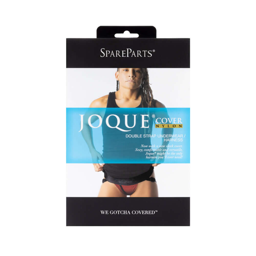 SpareParts Joque Cover Underwear Harness Black Size A Nylon packaging with model showcasing design and features.