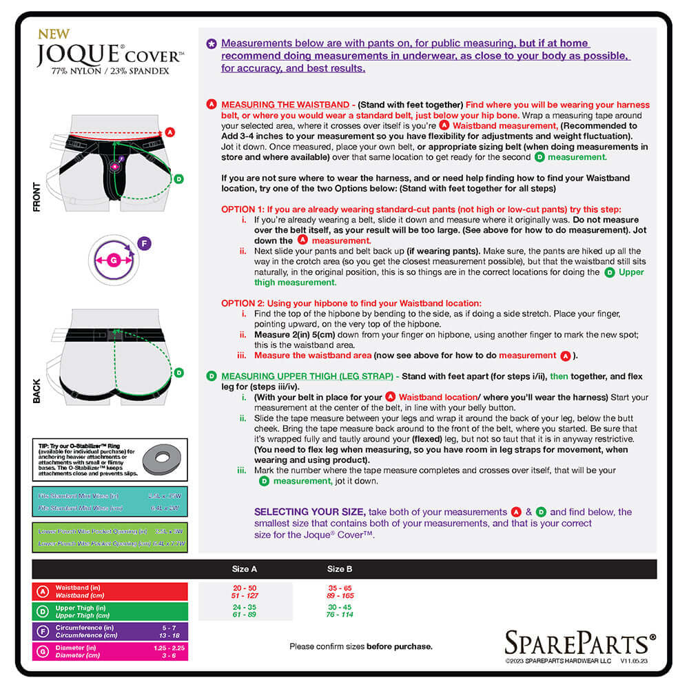 SpareParts Joque Cover Underwear Harness Black Size A Nylon sizing guide with measurement instructions.