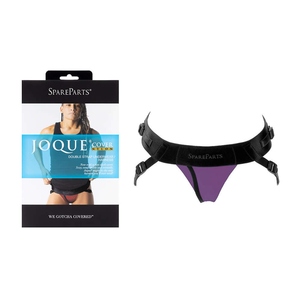 Spareparts Joque Cover Harness Purple Double Strap Size A Nylon with packaging and product display.