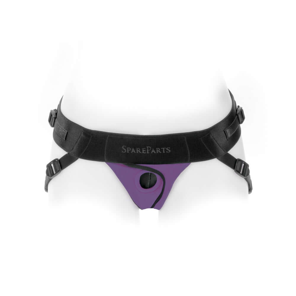 SpareParts Joque Cover Underwear Harness Purple Size A displayed on a mannequin, showcasing its sleek design and comfort features.