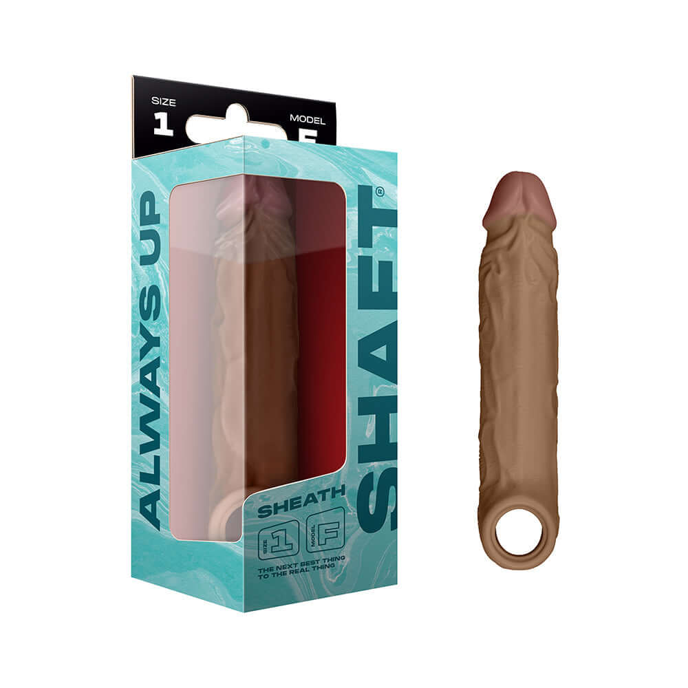 Shaft Model F Penis Sheath Oak Size 1 in packaging, showcasing realistic design and FLEXISKIN™ silicone material.