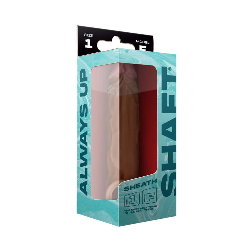 Shaft Model F Penis Sheath Oak Size 1 product packaging with realistic design and instruction label.