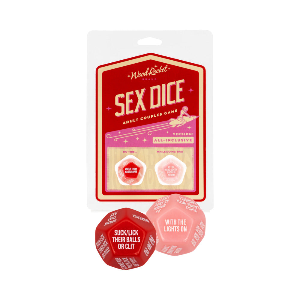 Wood Rocket All-Inclusive Sex Dice Couples Game packaging with two dice for playful intimate experiences.