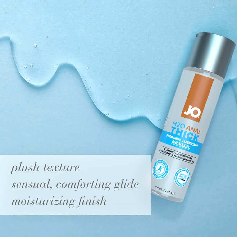 JO H2O Anal Thick Water Based Lubricant 2 Oz with plush texture and moisturizing finish on a blue background