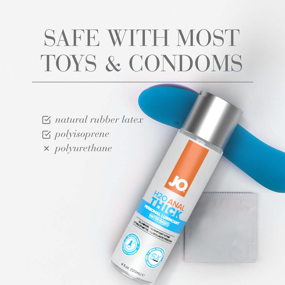 JO H2O Anal Thick Water Based Lubricant 2 Oz bottle with blue toy and safe use details.