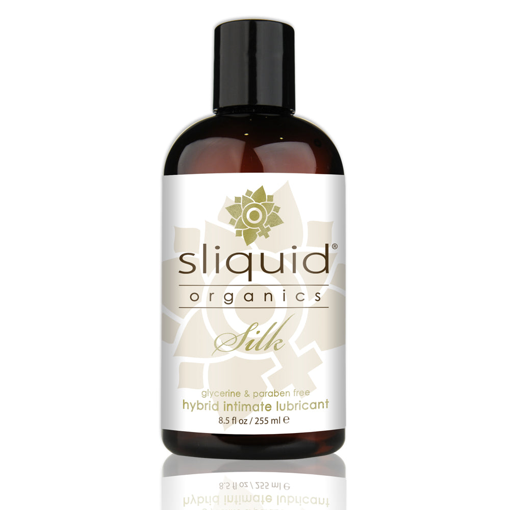 Sliquid Organics Silk Hybrid Lubricant 8.5 oz bottle with a creamy texture and organic extracts for sensitive skin.