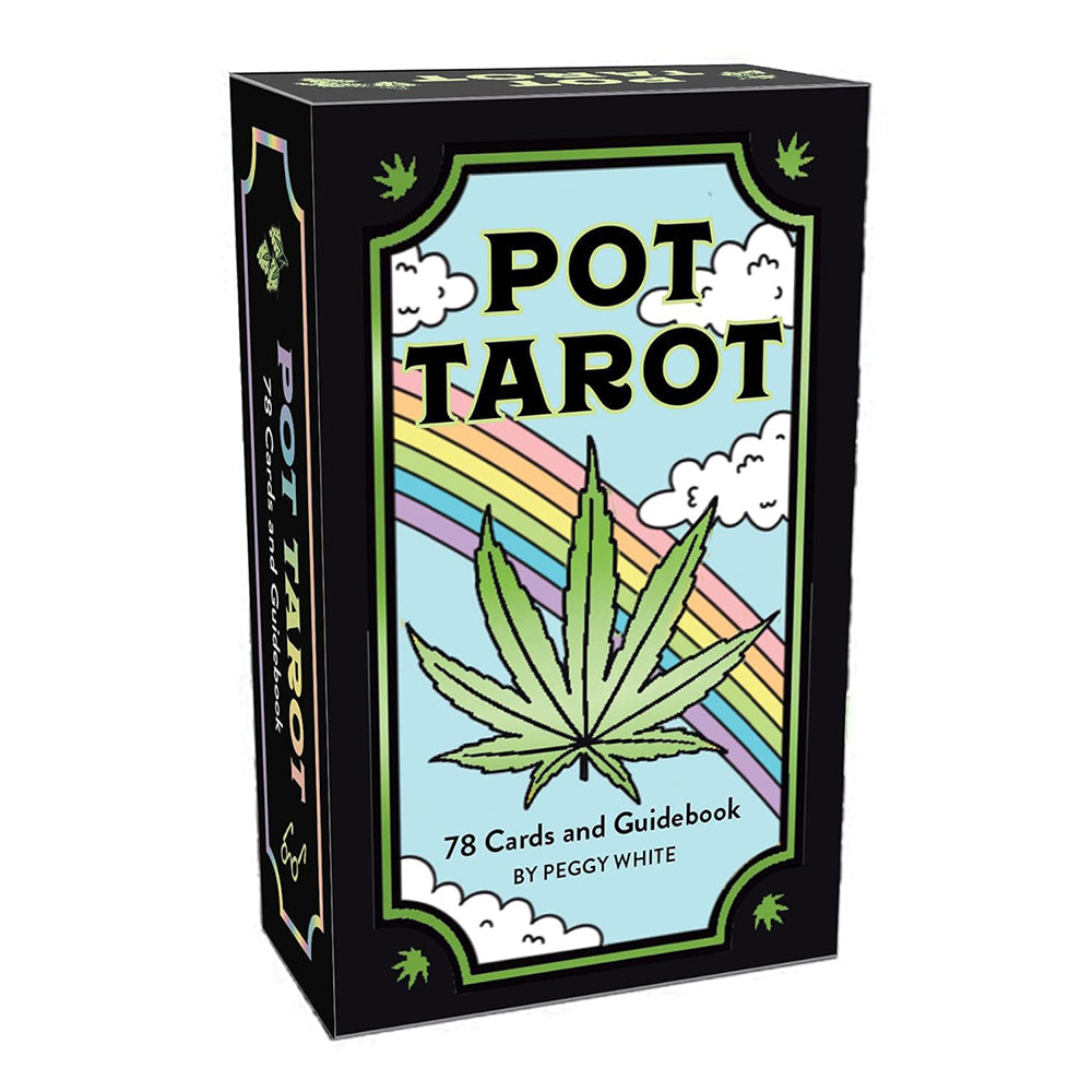 Pot Tarot Cards Game box featuring 78 cards and guidebook with cannabis leaf and colorful design.