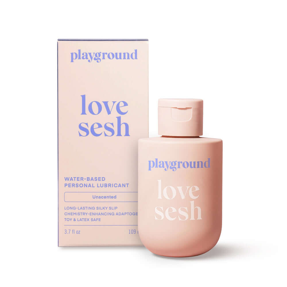 Playground Love Sesh Water-Based Personal Lubricant 3.7 Oz bottle and box packaging, unscented formula.