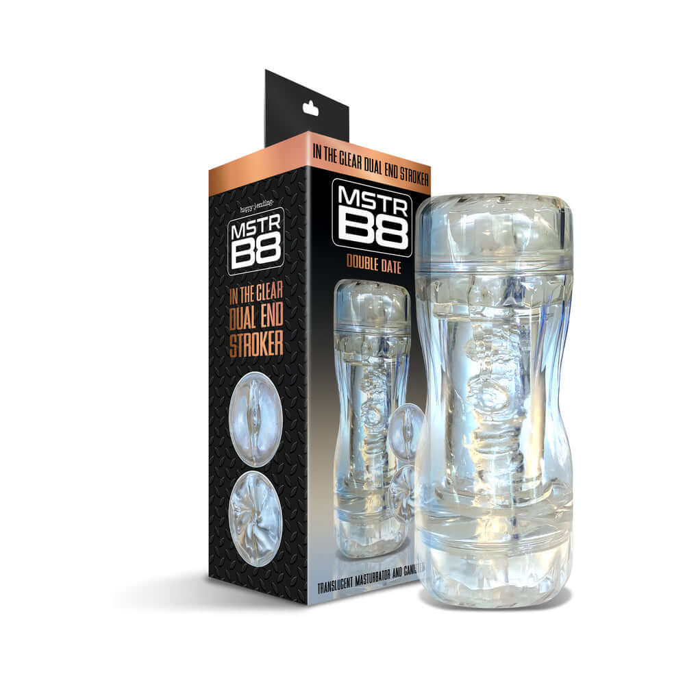 Mstr B8 In The Clear Double Date Dual End Stroker is a transparent dual masturbation device showcasing its textured inner design.