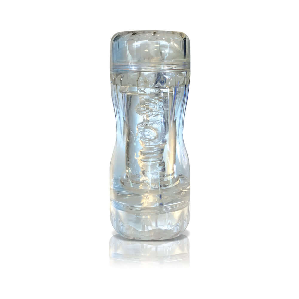 Mstr B8 In The Clear Double Date Dual End Stroker with clear exterior and textured tunnel for immersive pleasure.