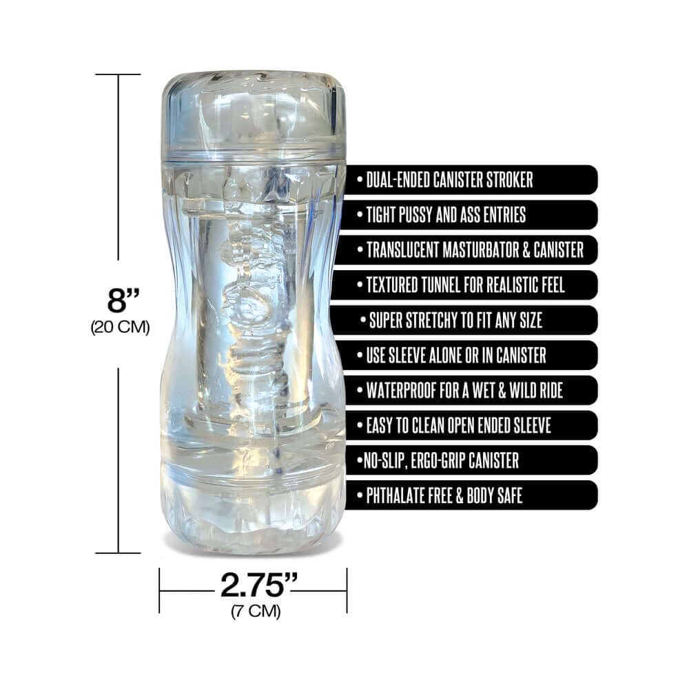 Mstr B8 In The Clear Double Date Dual End Stroker features dual-ended canister and textured tunnels for immersive pleasure.