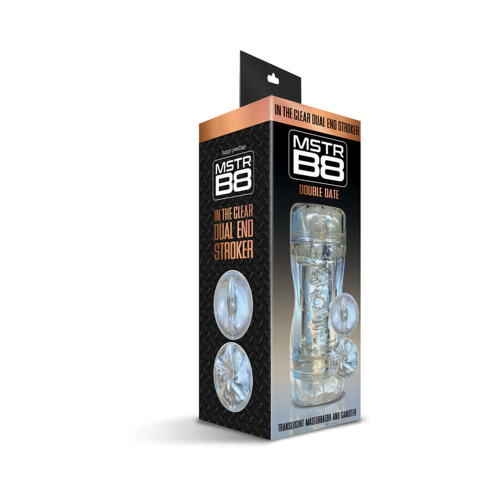Mstr B8 In The Clear Double Date Dual End Stroker packaging featuring dual entry options and transparent design.
