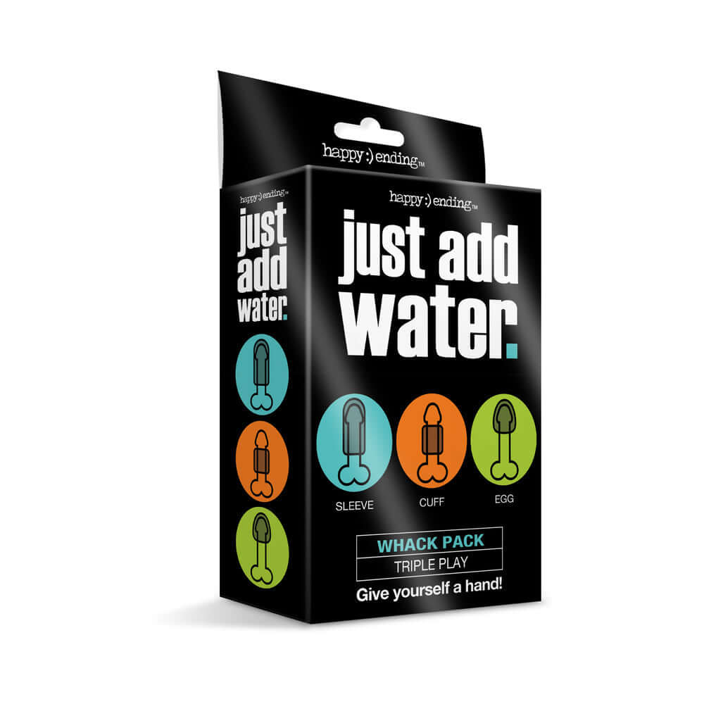 Just Add Water Whack Pack Triple Play packaging showing sleeve, cuff, and egg designs for customizable pleasure.