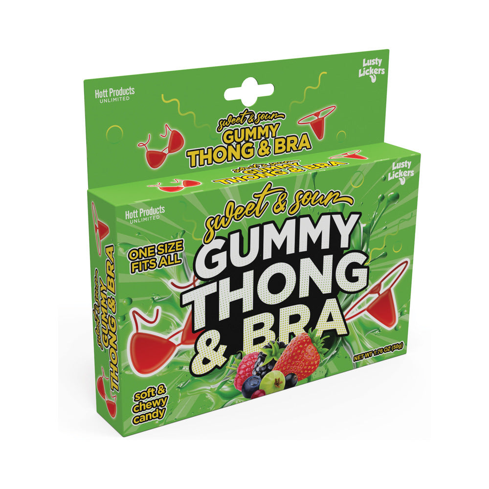 Sweet and Sour Gummy Thong and Bra packaging featuring assorted fruit flavors and soft chewy candy.