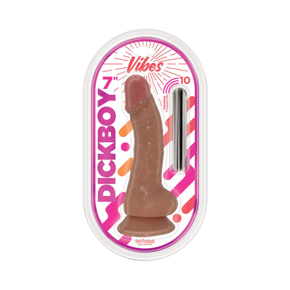 Dickboy Vibes 7 Inch Dildo With Rechargeable Bullet Caramel packaging displaying realistic design and features.