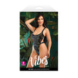 Fantasy Lingerie Vibes Eat Me Flash Reactive Bodysuit M L displayed on packaging with model in tropical setting.