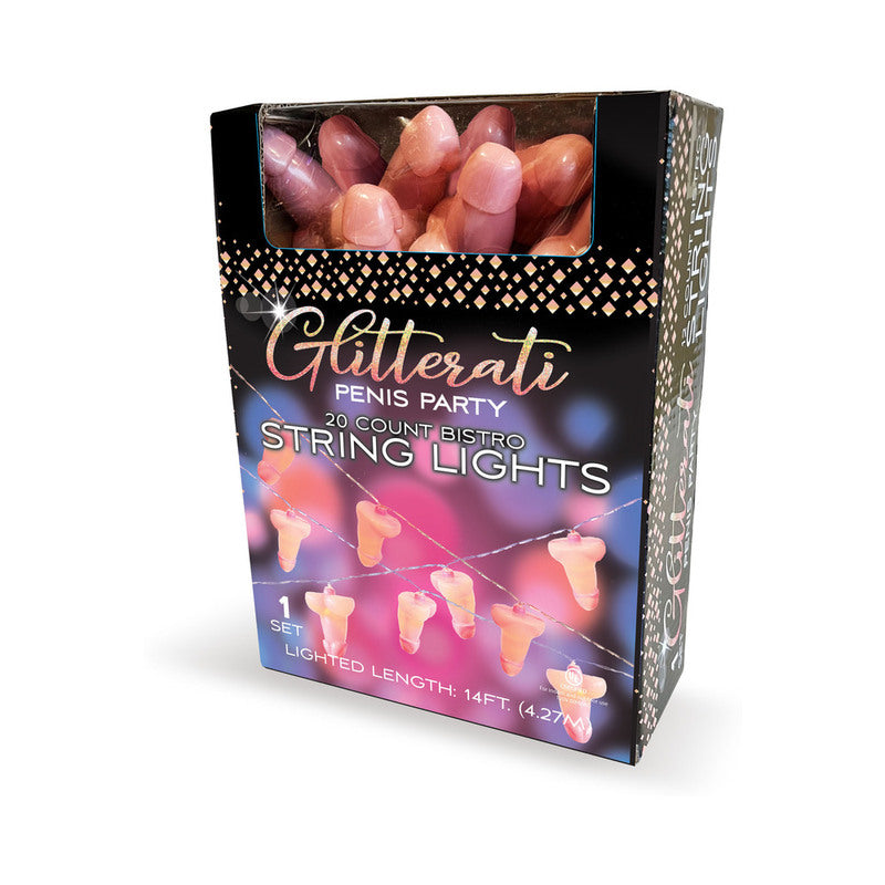 Glitterati Penis Party String Lights 14 feet in a decorative box showcasing 20 penis-shaped bulbs for festive decor.
