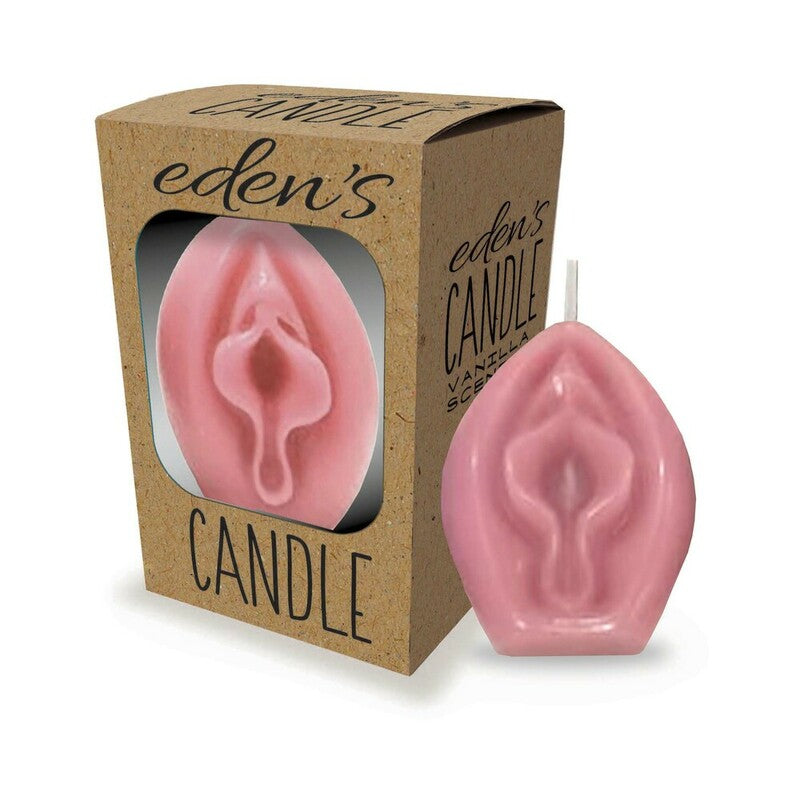 Edens Candle Vanilla Scented Vagina Rose Pink in a stylish box, showcasing its playful design and warm fragrance.