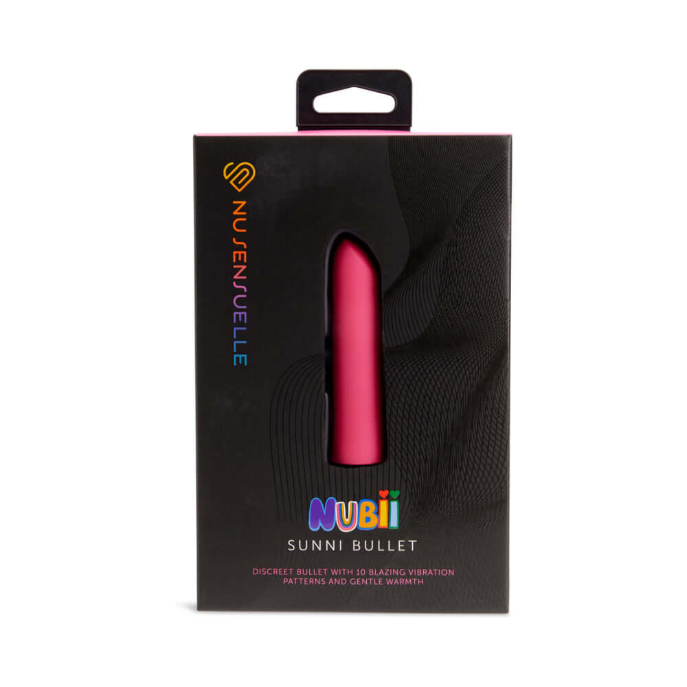 Nu Sensuelle Sunni Nubii Warming Bullet Pink package featuring a discreet bullet with gentle warmth and vibrations.