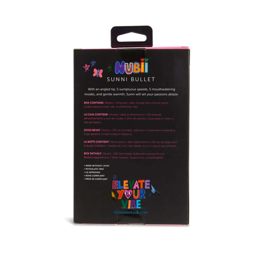 Nu Sensuelle Sunni Nubii Warming Bullet Pink packaging back view showcasing features and specifications.