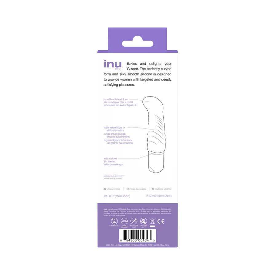 Vedo Inu Mini G-Spot Vibrator Orgasmic Orchid packaging description and features with design details and instructions.