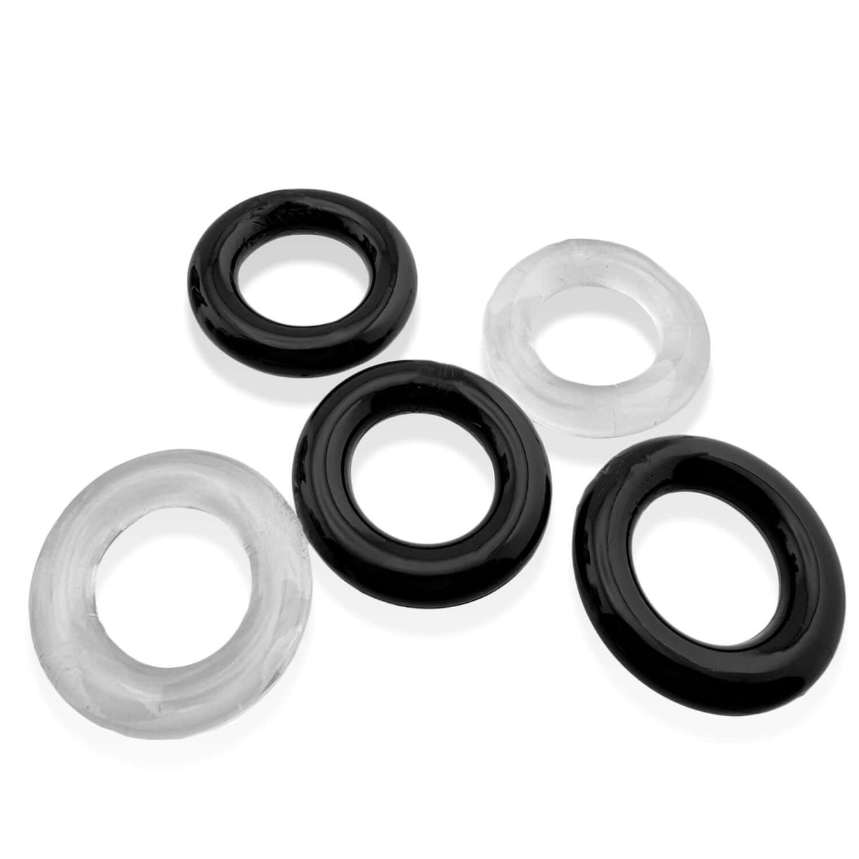 Oxballs Jacker 5-Stack Five-Pack Tube Super-Strong Cockrings in clear and black colors.