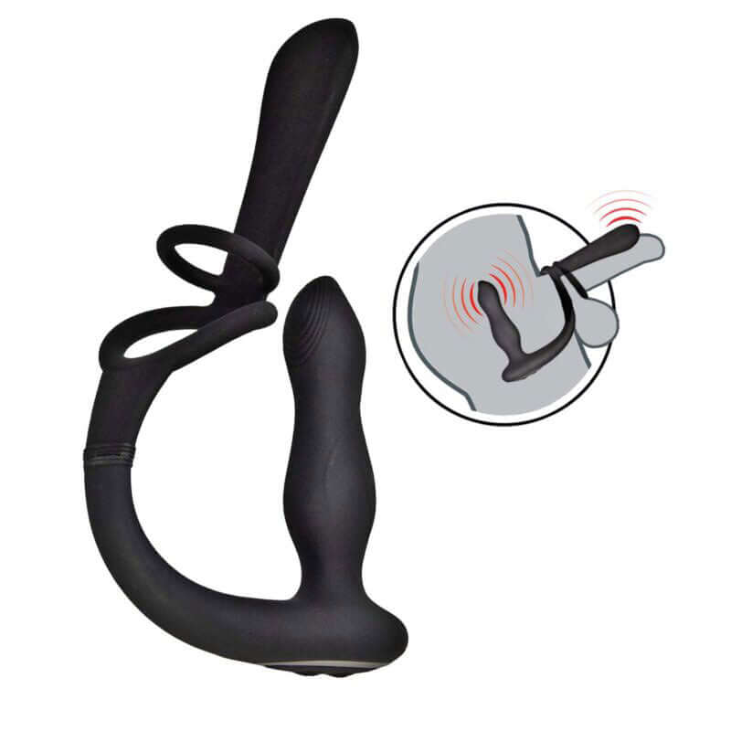 Enhancer Vibro Plug & Penis Sheath Black showcasing dual-action design with vibrating anal plug and penis sheath.