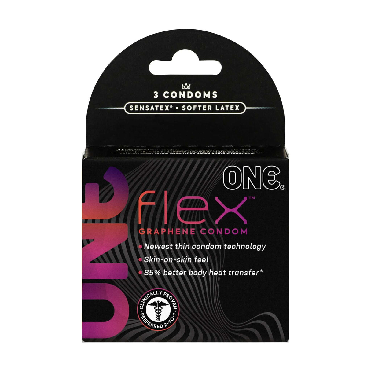 One Flex Graphene Condoms 3 Pack - packaging showcasing innovative design and features, including heat transfer benefits.