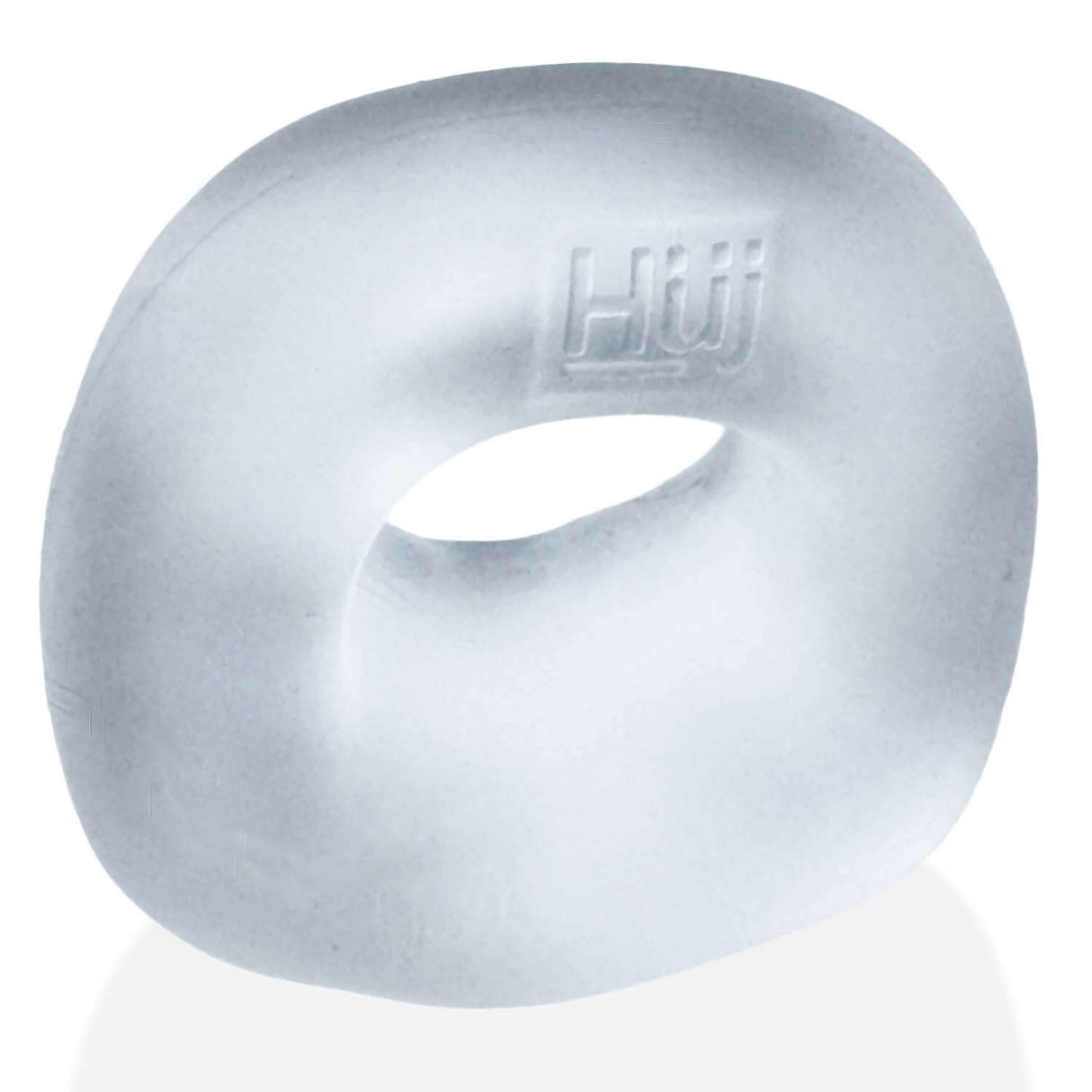 Oxballs Fit Bulge Hung-Style Cockring Clear Steam, featuring a clear, rubbery design with snug padding for comfort.
