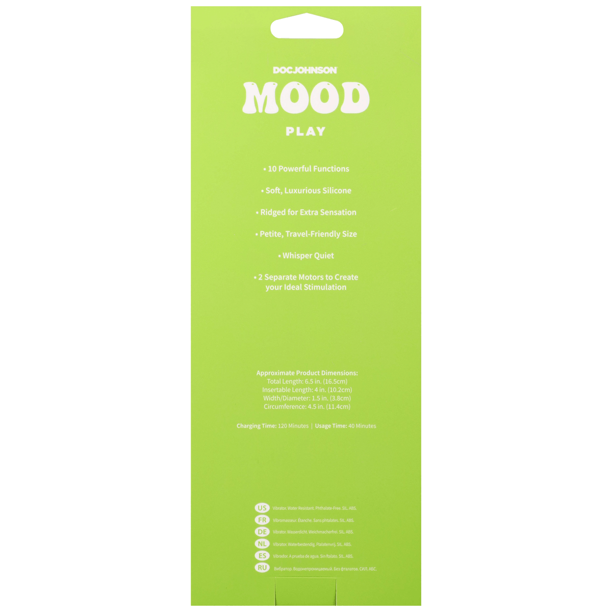 Mood Play Mini Power Rabbit Vibrator Pink packaging features product details and specifications from Doc Johnson.