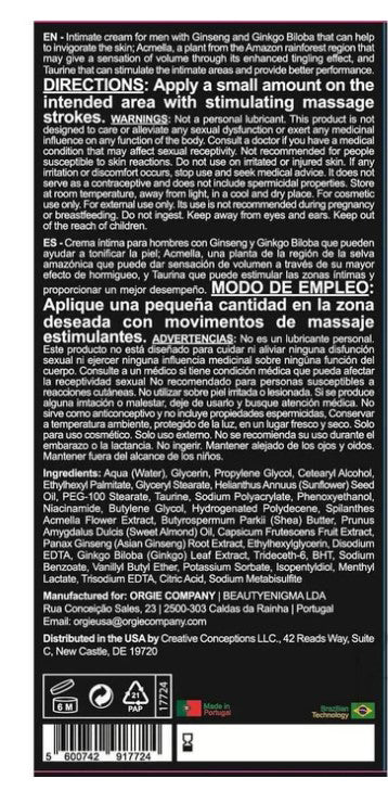 Orgie Touro Xxxl Power Cream for Him 15 ml product label with directions and ingredients list