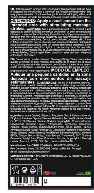 Orgie Touro Xxxl Power Cream for Him 15 ml product label with directions and ingredients list