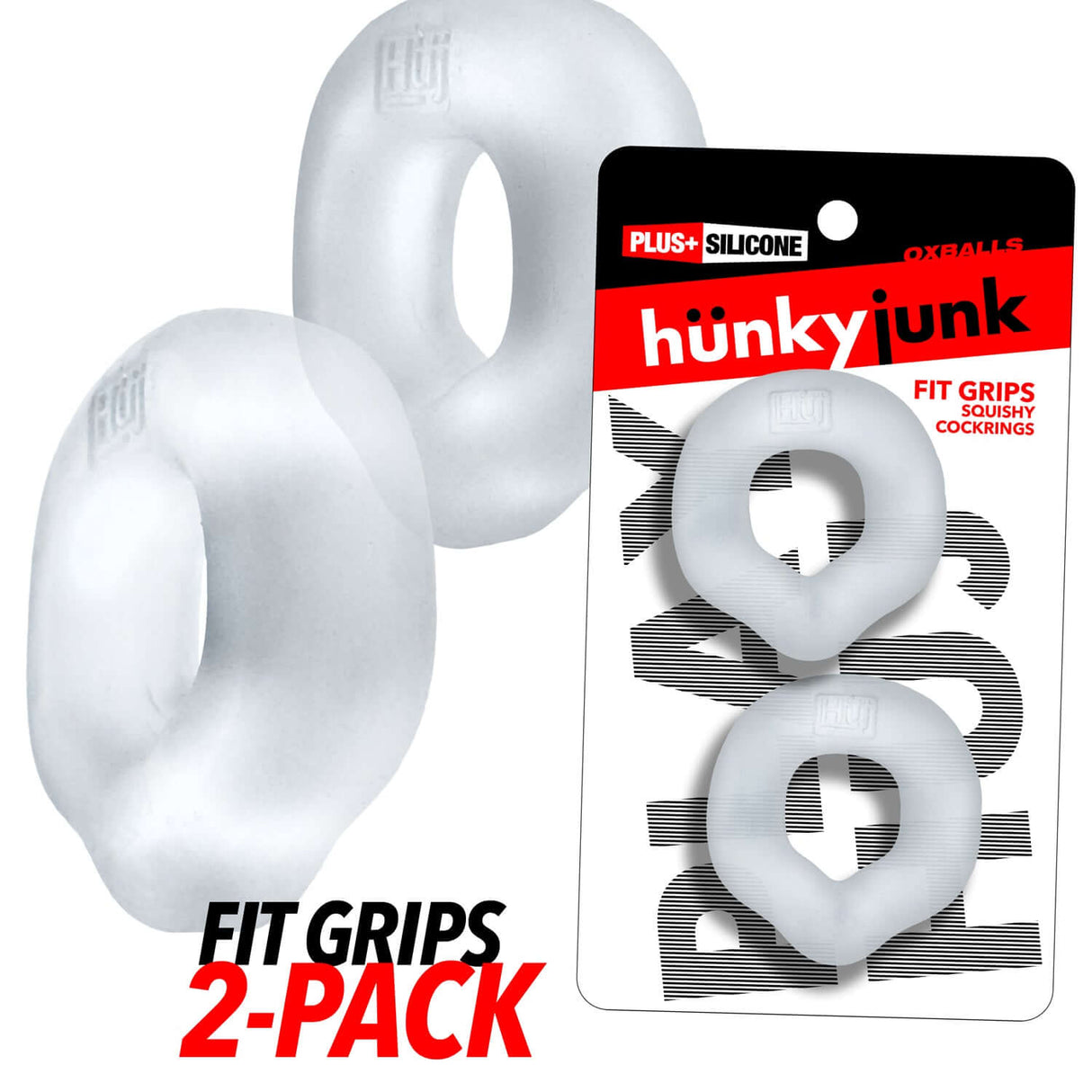 Oxballs Fit Grips 2-Pack Ergo-Fit Cockrings Clear in a package with two soft, squishy cockrings.