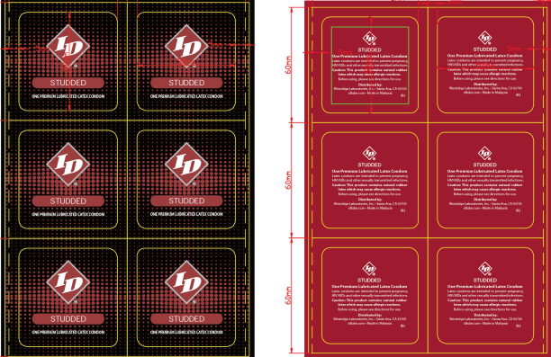 ID Studded Condoms 144 Count Bag packaging design featuring strong and sensitive condoms.