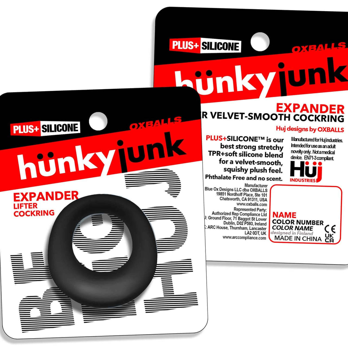 Oxballs Expander Slimmer Scoop Style Cockring Black Fog on packaging showing velvet-smooth finish and lightweight design.