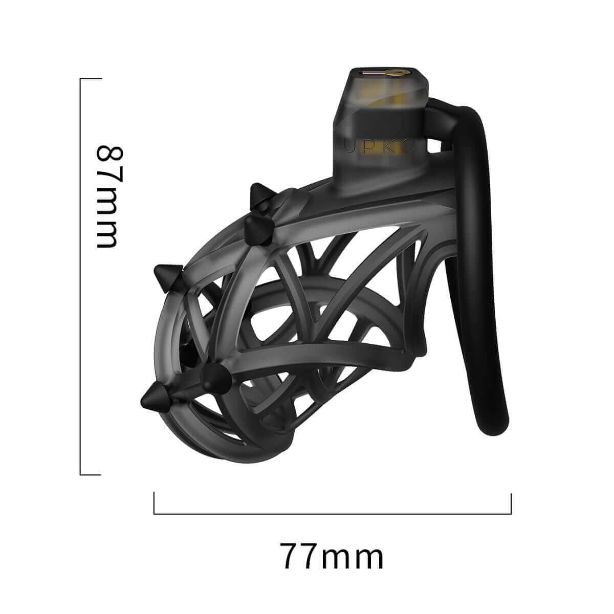 UPKO Caged Beast Male Chastity Device Kit in black, showcasing unique design and dimensions of 87mm by 77mm.