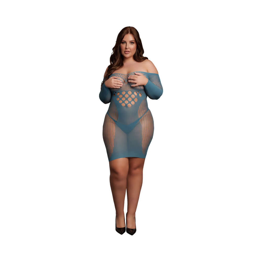 Le Desir Long-Sleeved Net Mini Dress Ocean Deep Queen Size