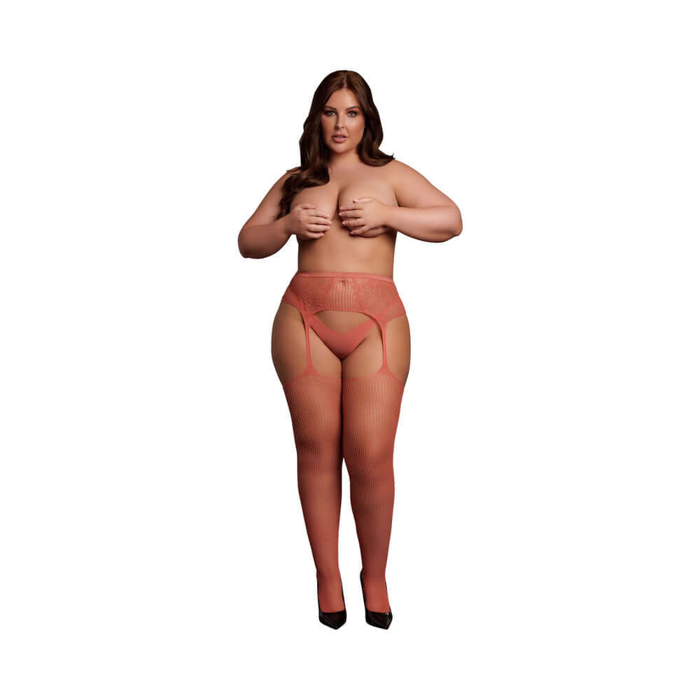 Le Desir Fishnet and Lace Garterbelt Stockings Sunset Glow Queen Size