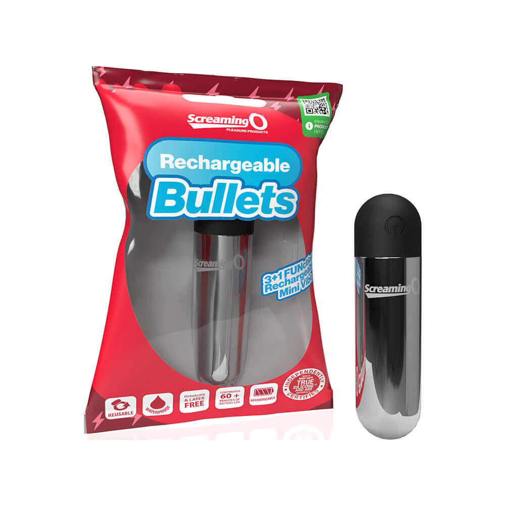 Screaming O Rechargeable Bullets Silver in packaging showcasing sleek design and features.